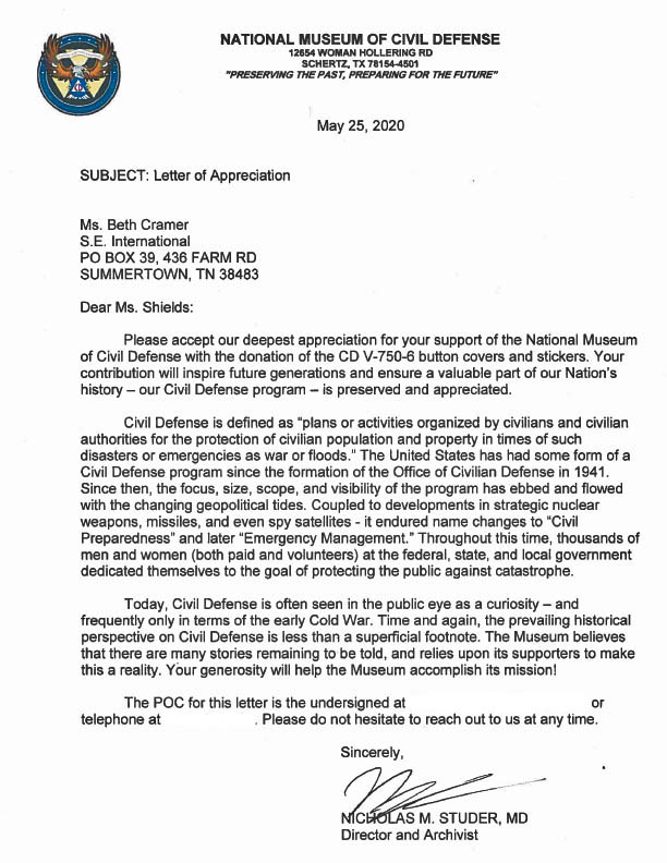 National Museum of Civil Defense Letter